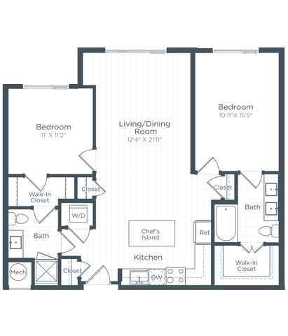 Floor plan for 2 beds, 2 baths, 1089 sqft