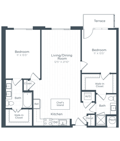Floor plan for 2 beds, 2 baths, 1134 sqft