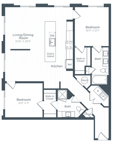 Floor plan for 2 beds, 2 baths, 1296 sqft