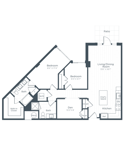 Floor plan for 2 beds, 2 baths, 1215 sqft