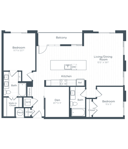 Floor plan for 2 beds, 2 baths, 1323 sqft