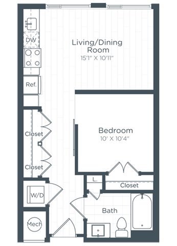 Floor plan for studio, 1 bath, 566 sqft