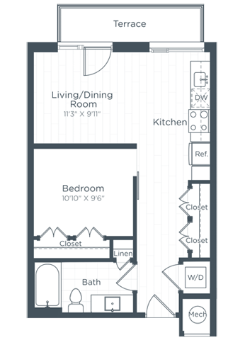 Floor plan for studio, 1 bath, 602 sqft