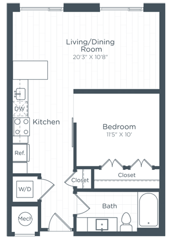 Floor plan for studio, 1 bath, 661 sqft