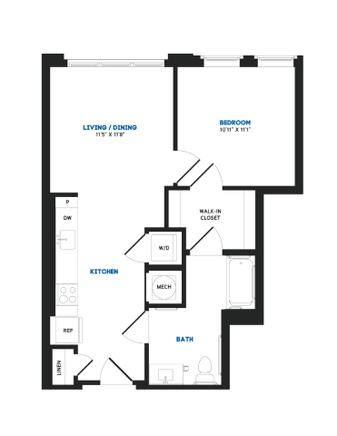 Floor plan for 1 bed, 1 bath, 625 sqft