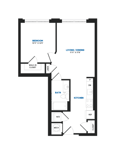 Floor plan for 1 bed, 1 bath, 675 sqft