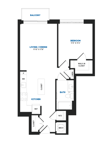 Floor plan for 1 bed, 1 bath, 706 sqft