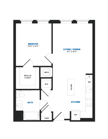 Floor plan for 1 bed, 1 bath, 727 sqft