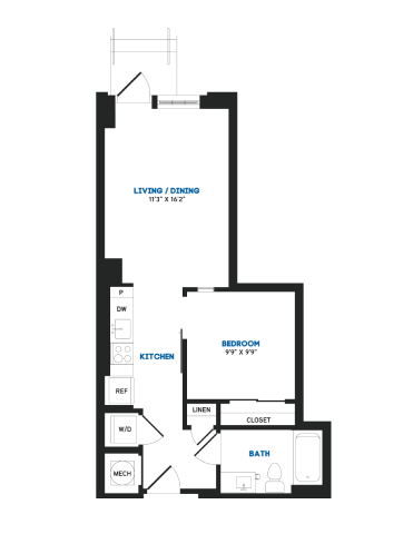 Floor plan for 1 bed, 1 bath, 559 sqft