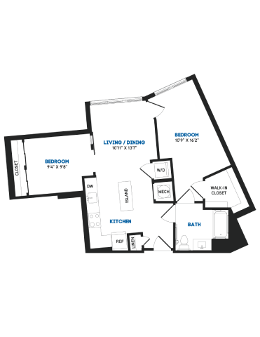 Floor plan for 1 bed, 1 bath, 816 sqft
