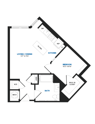 Floor plan for 1 bed, 1 bath, 604 sqft