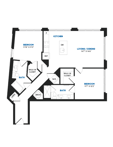 Floor plan for 2 beds, 2 baths, 1107 sqft