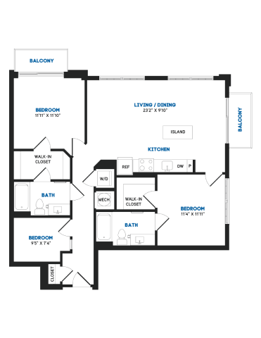 Floor plan for 2 beds, 2 baths, 1118 sqft