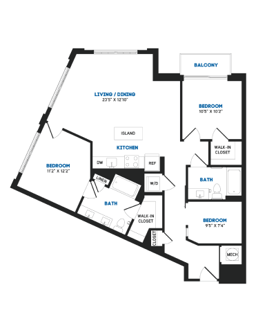 Floor plan for 2 beds, 2 baths, 1136 sqft