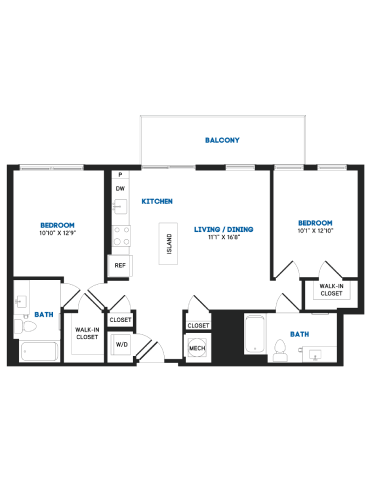 Floor plan for 2 beds, 2 baths, 966 sqft