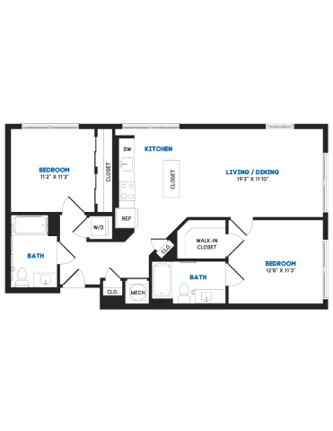 Floor plan for 2 beds, 2 baths, 1015 sqft