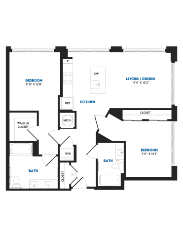Floor plan for 2 beds, 2 baths, 1061 sqft