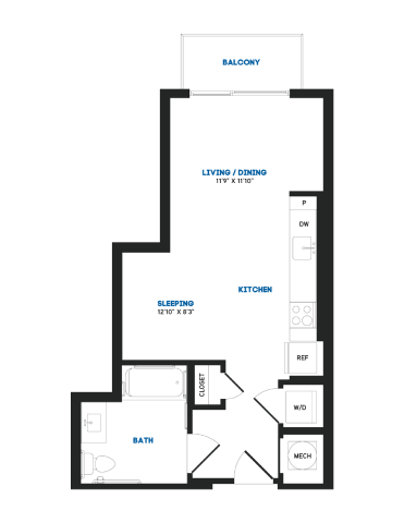 Floor plan for studio, 1 bath, 465 sqft