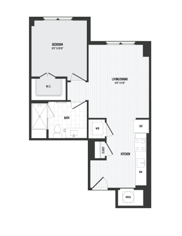 Floor plan for 1 bed, 1 bath, 650 sqft