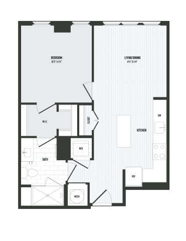 Floor plan for 1 bed, 1 bath, 658 sqft