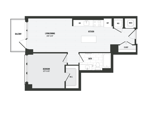 Floor plan for 1 bed, 1 bath, 714 sqft
