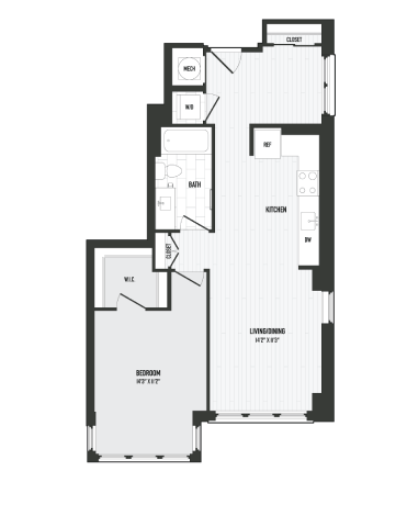 Floor plan for 1 bed, 1 bath, 749 sqft