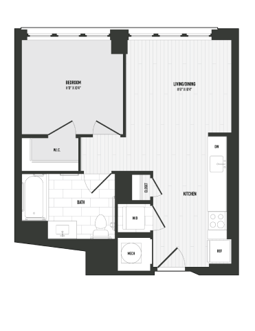 Floor plan for 1 bed, 1 bath, 583 sqft