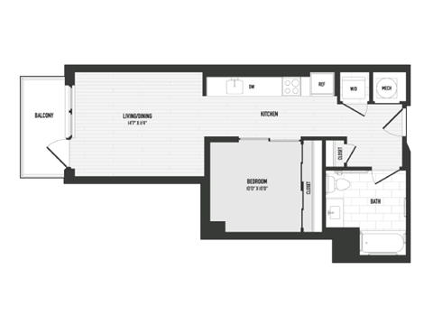 Floor plan for 1 bed, 1 bath, 589 sqft