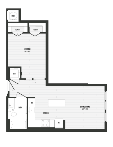 Floor plan for 1 bed, 1 bath, 628 sqft