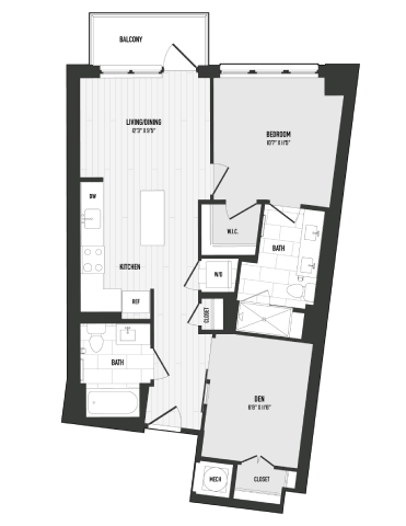 Floor plan for 2 beds, 2 baths, 840 sqft