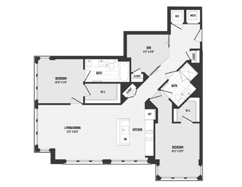 Floor plan for 2 beds, 2 baths, 1225 sqft