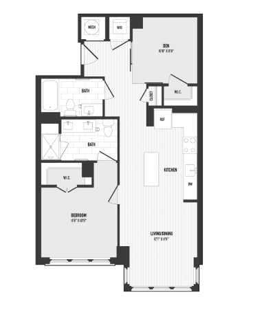 Floor plan for 2 beds, 2 baths, 870 sqft