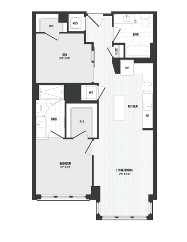 Floor plan for 2 beds, 2 baths, 925 sqft