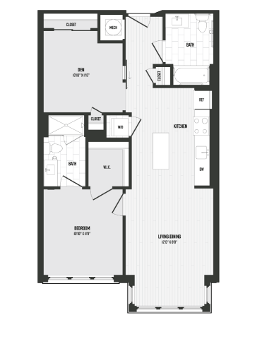 Floor plan for 2 beds, 2 baths, 925 sqft