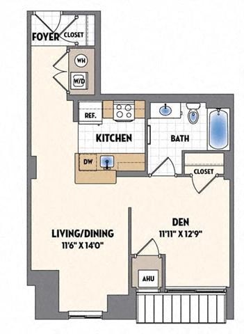 Floor plan for 1 bed, 1 bath, 669 sqft
