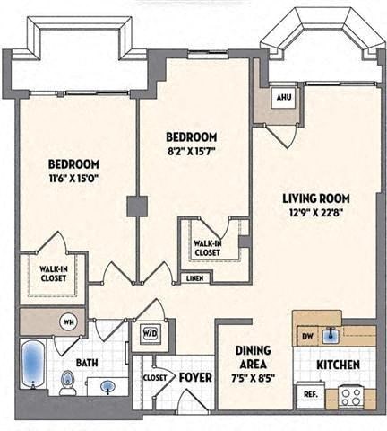 Floor plan for 2 beds, 1 bath, 1194 sqft