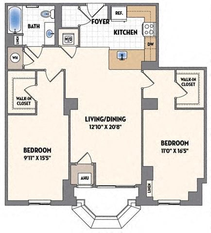 Floor plan for 2 beds, 1 bath, 1173 sqft