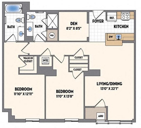Floor plan for 2 beds, 2 baths, 1318 sqft
