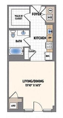 Floor plan for studio, 1 bath, 648 sqft
