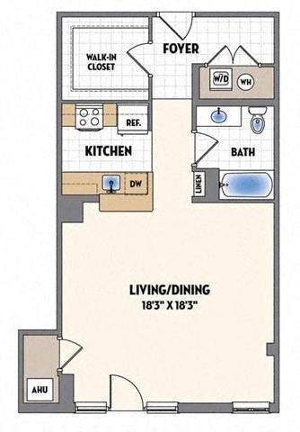 Floor plan for studio, 1 bath, 648 sqft
