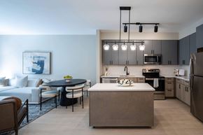Washington apartment for rent - A modern kitchen with a dining table and chairs at Jayde Parkside Apartments, Washington DC