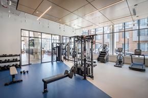 Washington apartment for rent - A gym with a variety of equipment including weights, treadmills, and exercise machines at Jayde Parkside Apartments, Washington 20019