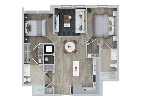 Floor plan for 2 beds, 2 baths, 881 sqft