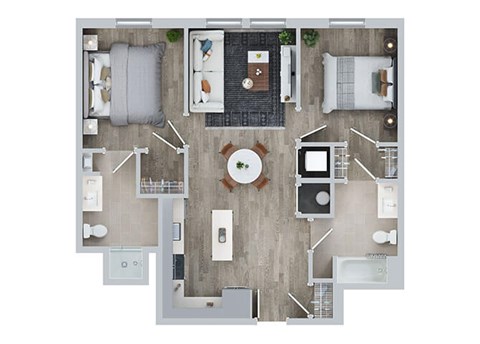 Floor plan for 2 beds, 2 baths, 960 sqft