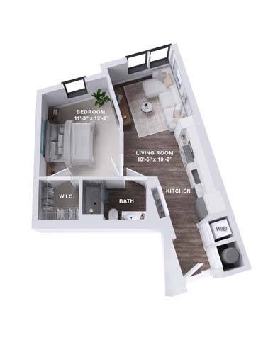 Floor plan for 1 bed, 1 bath, 625 sqft