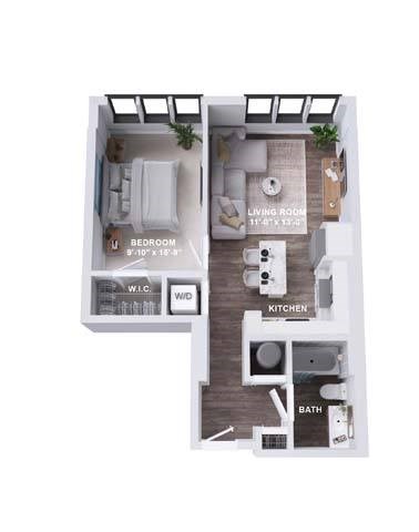 Floor plan for 1 bed, 1 bath, 632 sqft