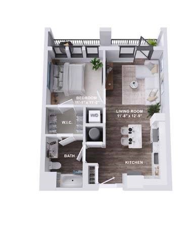 Floor plan for 1 bed, 1 bath, 664 sqft