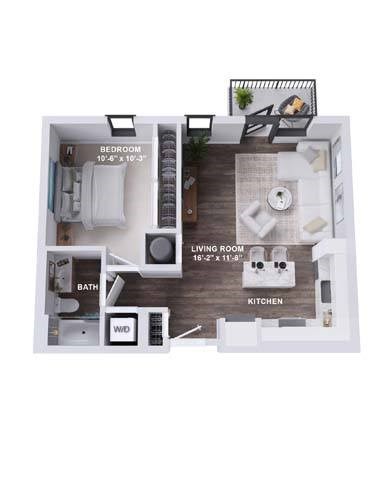Floor plan for 1 bed, 1 bath, 677 sqft
