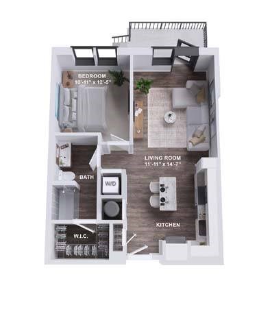 Floor plan for 1 bed, 1 bath, 689 sqft