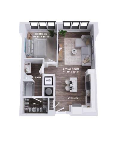 Floor plan for 1 bed, 1 bath, 702 sqft
